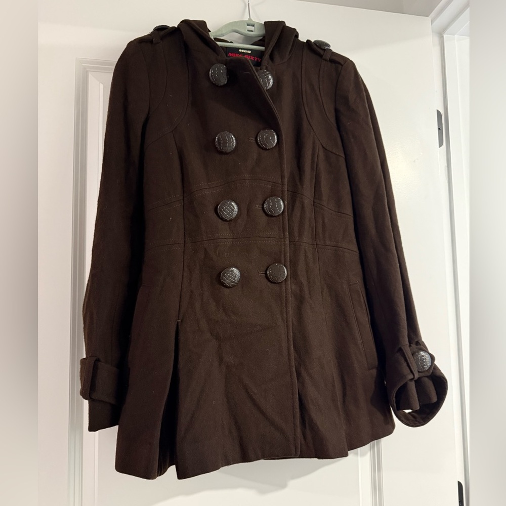 Miss Sixty Brown Wool Blend Peacoat Jacket with Hood & Belt – Size M